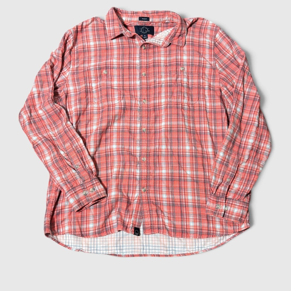Double Cloth Gauze Plaid Shirt XL Coral Blue Button Down Coastal Gorpcore Camp